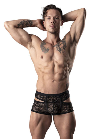 Male Power 127-280 Sassy Lace Mini Short Sheer Pouch Color Black